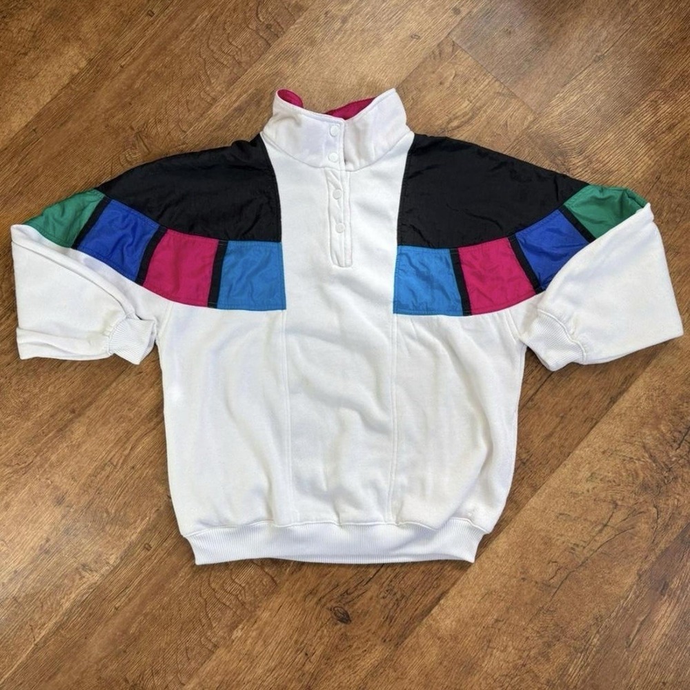 retro vintage Bocoo white & multicolored quarter button up sweater